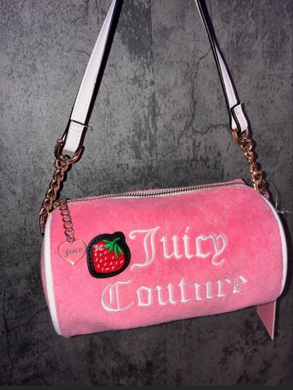 Juicy Couture Pink Velvet Strawberry Barrel Bag with Gold Chain